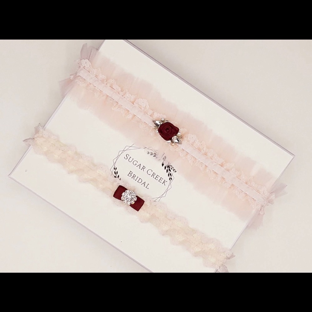 Blush Pink and Wine Lace Tulle Garter Set
